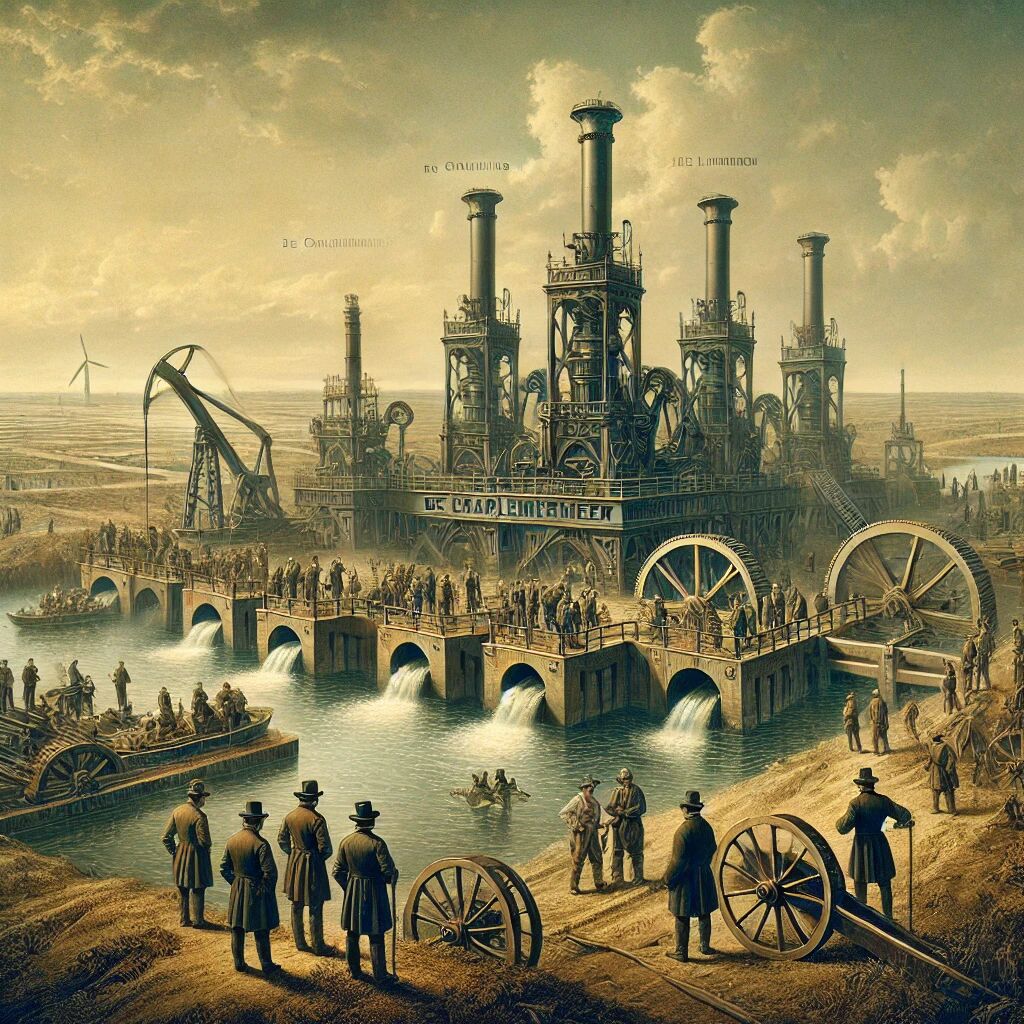 DALL&middot;E 2025-03-06 09.56.15 - A historical scene depicting the drainage of Haarlemmermeer in 1852. The image shows large steam-powered pumping stations, including De Cruquius, De L