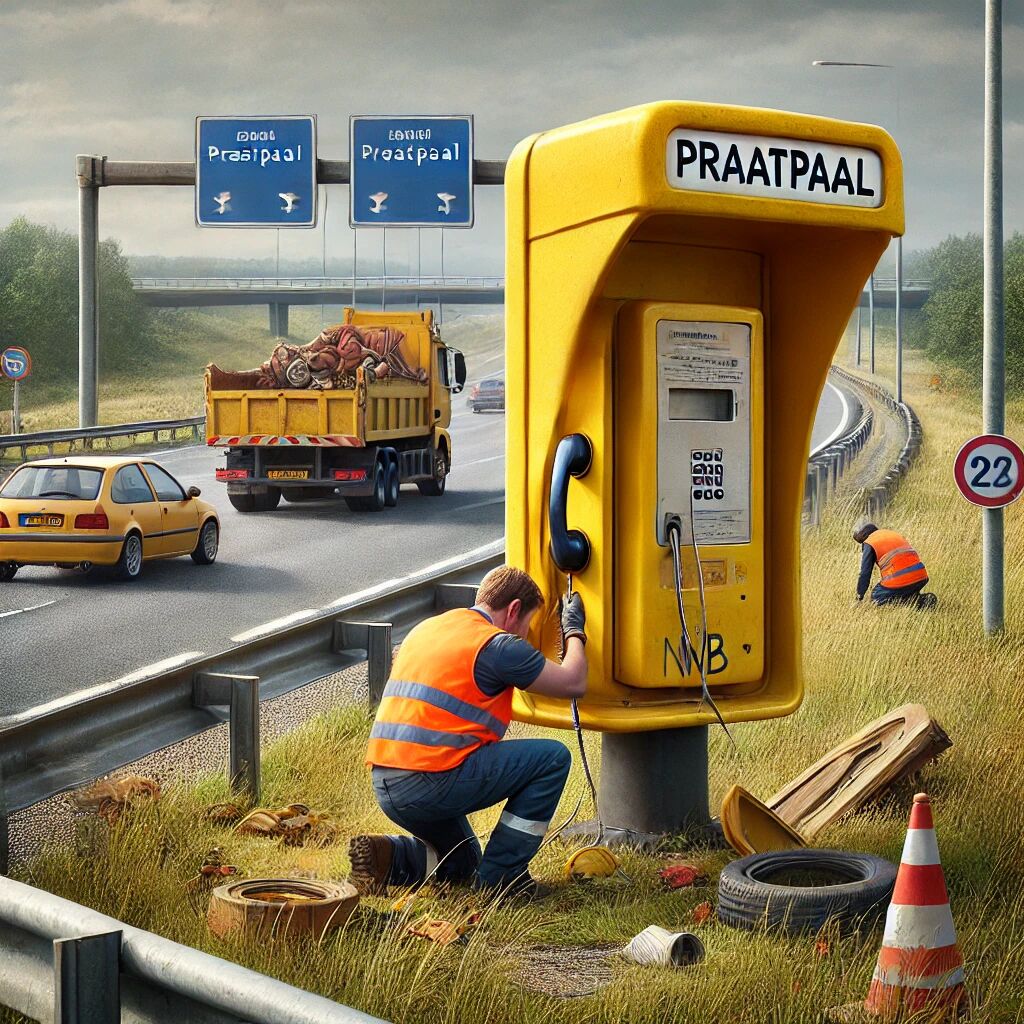 DALL&middot;E 2025-03-06 10.05.07 - A realistic scene depicting the removal of the last yellow emergency roadside telephone (praatpaal) in the Netherlands in 2017. The image shows a Dutc